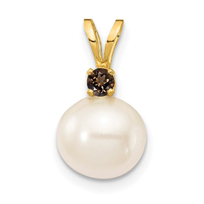 14K White Round Freshwater Cultured Pearl and .09SQ Smoky Quartz Pendant