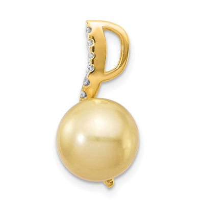 14K Round Golden South Sea Saltwater Cultured Pearl and .125 Carat Diamond Pendant