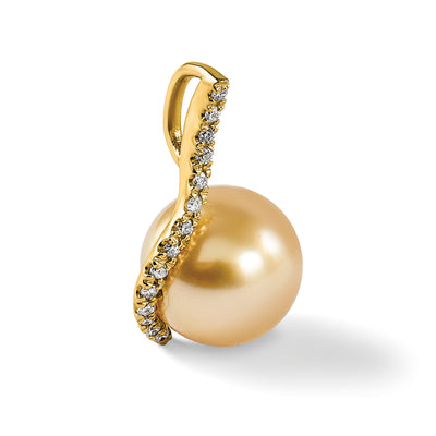 14K Round Golden South Sea Saltwater Cultured Pearl and .125 Carat Diamond Pendant