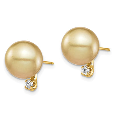 14K Round Golden South Sea Saltwater Cultured Pearl and .10 Carat Diamond Post Earrings