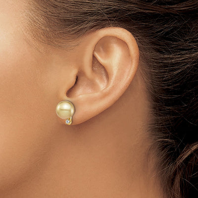 14K Round Golden South Sea Saltwater Cultured Pearl and .10 Carat Diamond Post Earrings