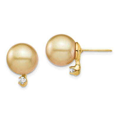 14K Round Golden South Sea Saltwater Cultured Pearl and .10 Carat Diamond Post Earrings