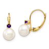 14k 7- White Round Freshwater Cultured Pearl and .14AM Amethyst Leverback Earrings