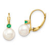 14k 7- White Round Freshwater Cultured Pearl and .18EM Emerald Leverback Earrings