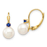 14k 7- White Round Freshwater Cultured Pearl and .18SA Sapphire Leverback Earrings