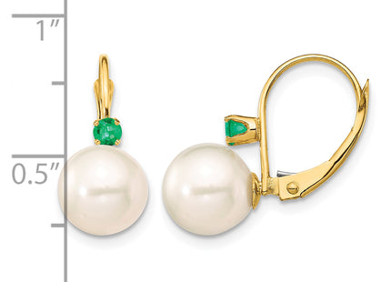 14k 8- White Round Freshwater Cultured Pearl and .18EM Emerald Leverback Earrings