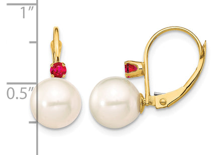 14k 8- White Round Freshwater Cultured Pearl and .18RU Ruby Leverback Earrings