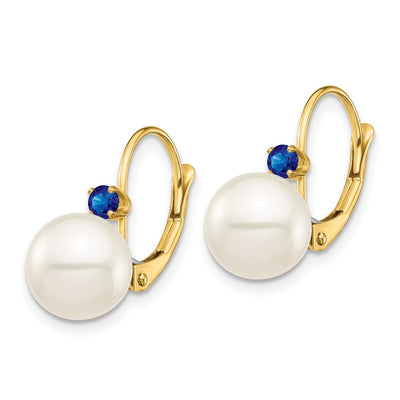 14K White Round Freshwater Cultured Pearl and .18SA Sapphire Leverback Earrings