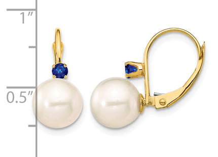 14k 8- White Round Freshwater Cultured Pearl and .18SA Sapphire Leverback Earrings