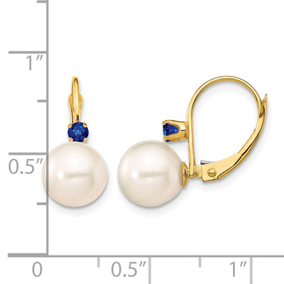 14K White Round Freshwater Cultured Pearl and .18SA Sapphire Leverback Earrings
