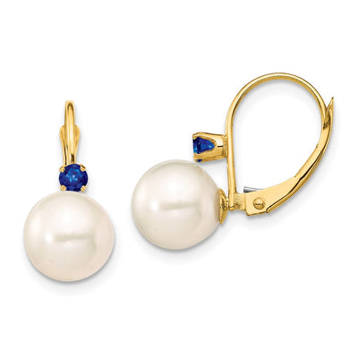 14K White Round Freshwater Cultured Pearl and .18SA Sapphire Leverback Earrings