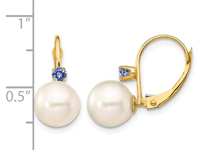 14k 8- White Round Freshwater Cultured Pearl and .14TZ Tanzanite Leverback Earrings