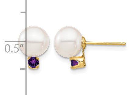 14k 7- White Round Freshwater Cultured Pearl and .14AM Amethyst Post Earrings