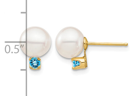 14k 7- White Round Freshwater Cultured Pearl and .18BT Swiss Blue Topaz Post Earrings