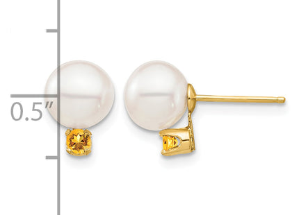 14k 7- White Round Freshwater Cultured Pearl and .14CI Citrine Post Earrings