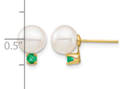 14k 7- White Round Freshwater Cultured Pearl and .18EM Emerald Post Earrings