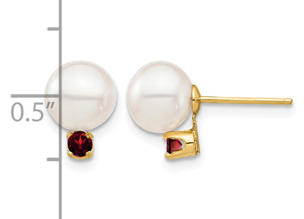14k 7- White Round Freshwater Cultured Pearl and .18GA Garnet Post Earrings
