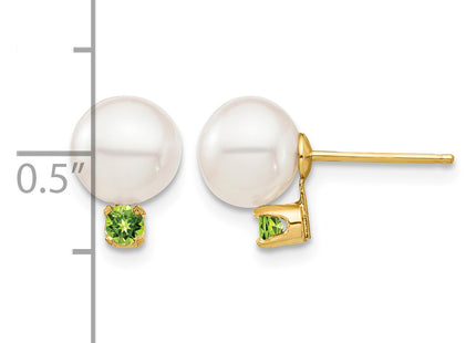 14k 7- White Round Freshwater Cultured Pearl and .14PE Peridot Post Earrings