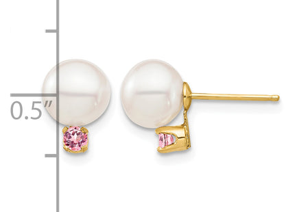 14k 7- White Round Freshwater Cultured Pearl and .14PT Pink Topaz Post Earrings