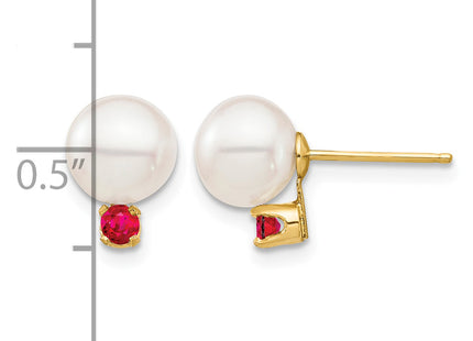 14k 7- White Round Freshwater Cultured Pearl and .18RU Ruby Post Earrings