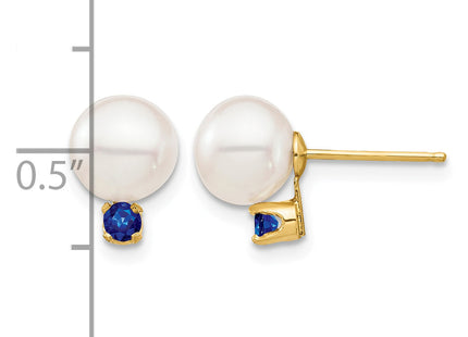 14k 7- White Round Freshwater Cultured Pearl and .18SA Sapphire Post Earrings