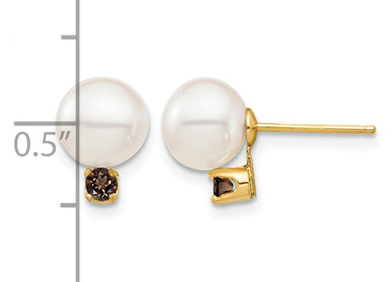 14k 7- White Round Freshwater Cultured Pearl and .18SQ Smokey Quartz Post Earrings