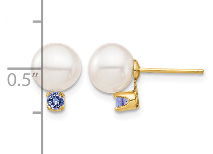 14k 7- White Round Freshwater Cultured Pearl and .14TZ Tanzanite Post Earrings