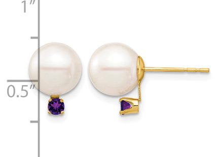 14k 8- White Round Freshwater Cultured Pearl and .14AM Amethyst Post Earrings