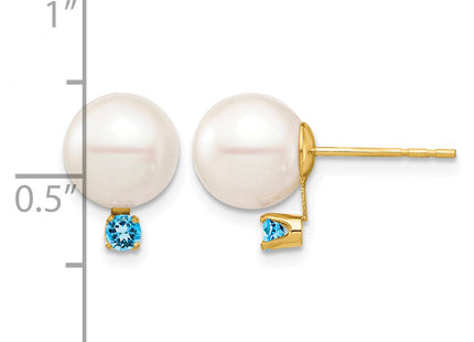14k 8- White Round Freshwater Cultured Pearl and .18BT Swiss Blue Topaz Post Earrings