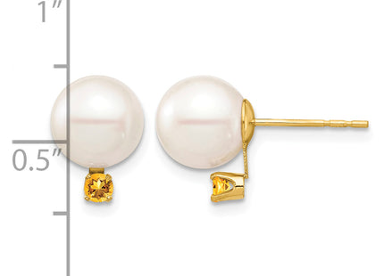 14k 8- White Round Freshwater Cultured Pearl and .14CI Citrine Post Earrings
