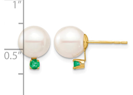 14k 8- White Round Freshwater Cultured Pearl and .18EM Emerald Post Earrings