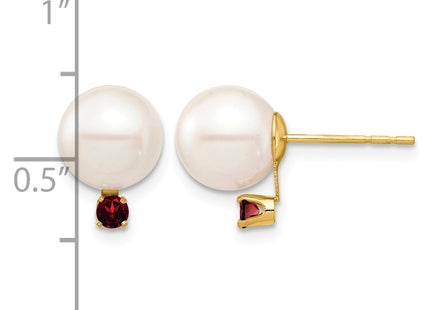 14k 8- White Round Freshwater Cultured Pearl and .18GA Garnet Post Earrings