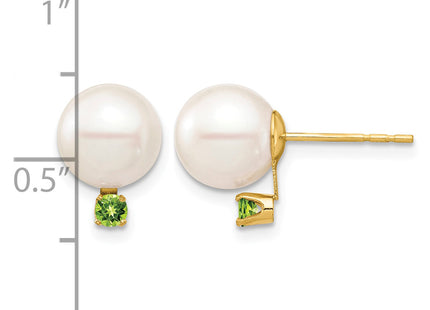 14k 8- White Round Freshwater Cultured Pearl and .14PE Peridot Post Earrings