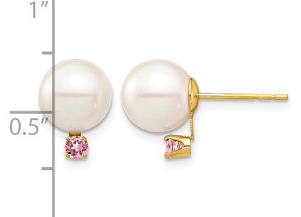 14k 8- White Round Freshwater Cultured Pearl and .14PT Pink Topaz Post Earrings