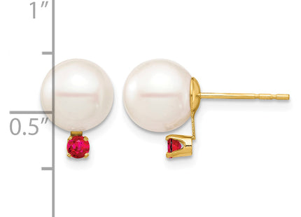 14k 8- White Round Freshwater Cultured Pearl and .18RU Ruby Post Earrings