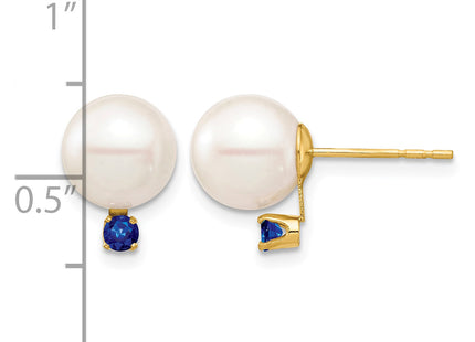 14k 8- White Round Freshwater Cultured Pearl and .18SA Sapphire Post Earrings
