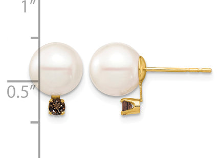 14k 8- White Round Freshwater Cultured Pearl and .18SQ Smoky Quartz Post Earring