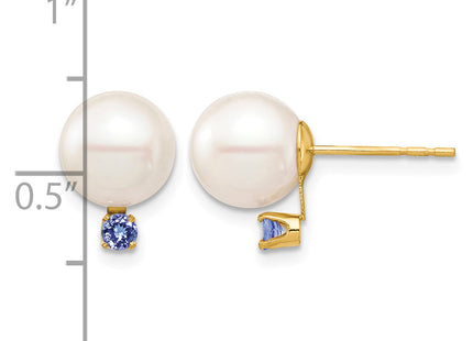 14k 8- White Round Freshwater Cultured Pearl and .14TZ Tanzanite Post Earrings