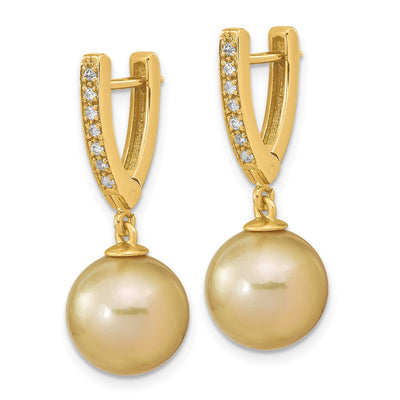 14K Round Golden South Sea Saltwater Cultured Pearl and .105 Carat Diamond Dangle Earrings
