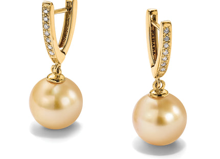 14k 10- Round Golden South Sea Saltwater Cultured Pearl and .105 Carat Diamond Dangle Earrings