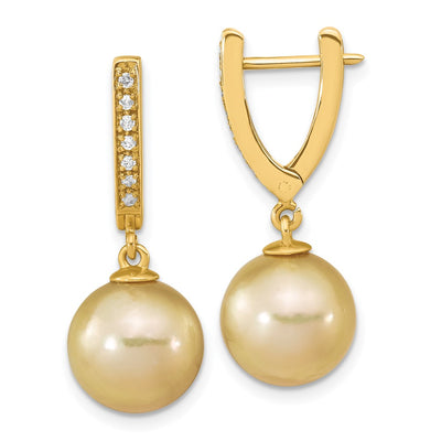 14K Round Golden South Sea Saltwater Cultured Pearl and .105 Carat Diamond Dangle Earrings