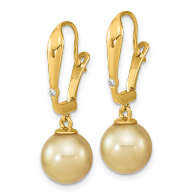 14K Round Golden South Sea Saltwater Cultured Pearl and .02 Carat Diamond Post Earrings
