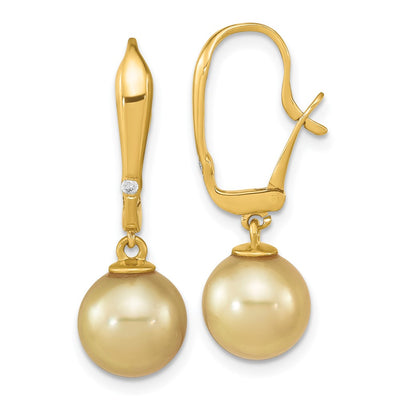 14K Round Golden South Sea Saltwater Cultured Pearl and .02 Carat Diamond Post Earrings