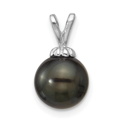 14K White Gold Round Black Tahitian Saltwater Cultured Pearl Pendant, 15 x 8.6mm