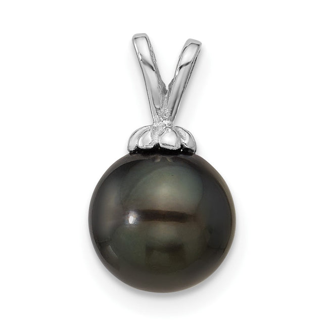 14K White Gold 8- Round Black Tahitian Saltwater Cultured Pearl Pendant, 15 x 8.6mm