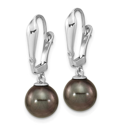 14K White Gold Black Round Tahitian Saltwater Cultured Pearl and .02 Carat Diamond Leverback Dangle Earrings