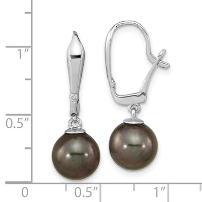 14K White Gold Black Round Tahitian Saltwater Cultured Pearl and .02 Carat Diamond Leverback Dangle Earrings