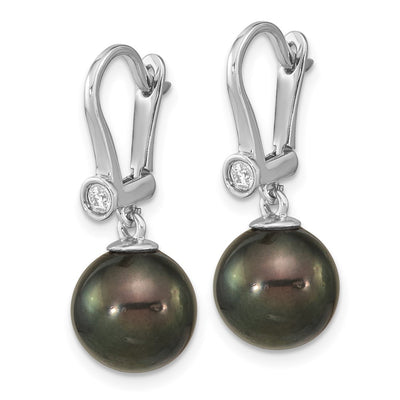 14K White Gold Black Round Tahitian Saltwater Cultured Pearl and .10 Carat Diamond Leverback Dangle Earrings