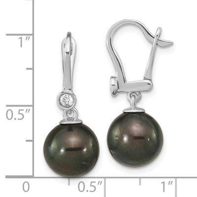 14K White Gold Black Round Tahitian Saltwater Cultured Pearl and .10 Carat Diamond Leverback Dangle Earrings