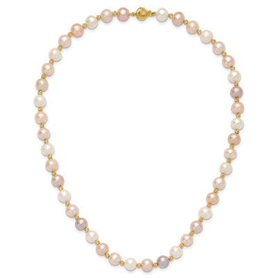 14K Pink/Purple/White Semi-Round Freshwater Cultured Pearl and Diamond-cut Beaded Bracelet